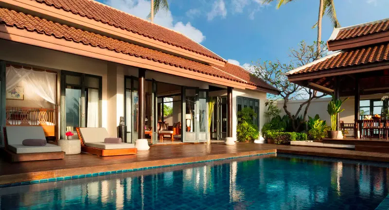 Two bedroom sea view villa at Anantara Lawana with a private pool, open sala and red tile roofs