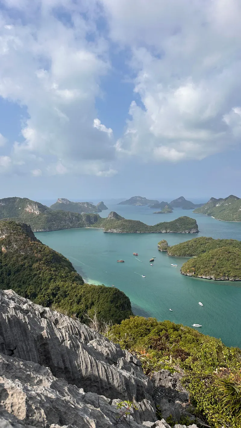 Limestone islands and turquoise water of Ang Thong Marine Park seen from a high viewpoint