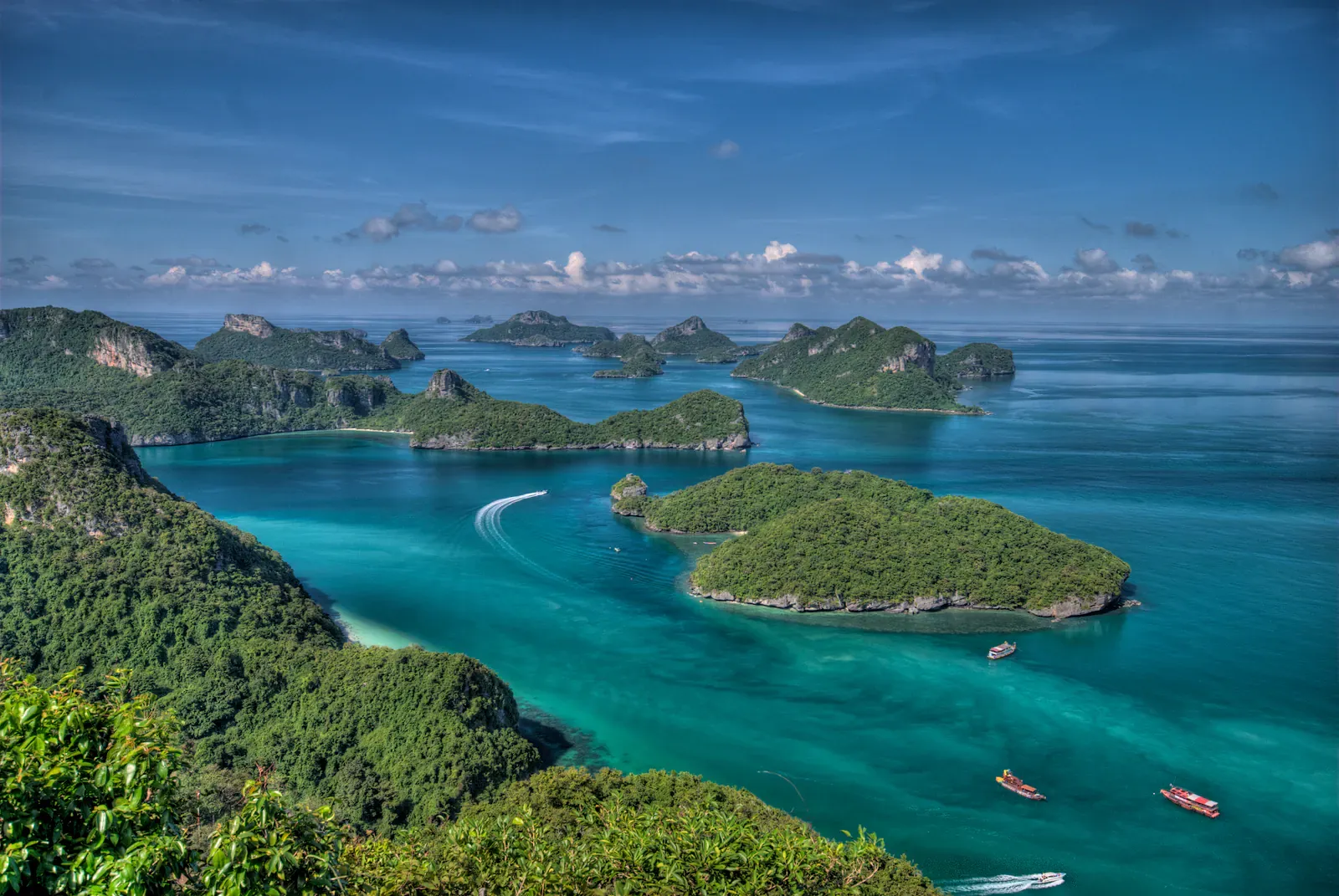 Limestone island peaks rising from turquoise water at Mu Ko Ang Thong marine park