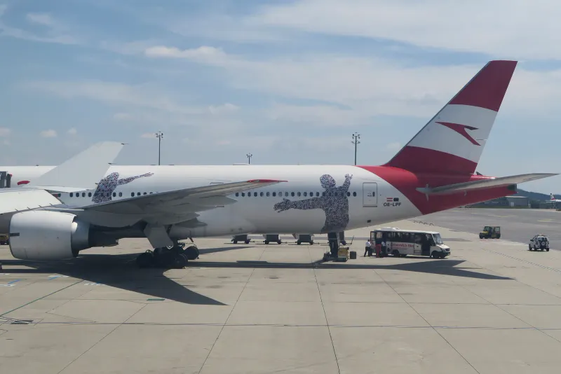 Austrian Airlines Boeing 777 at Vienna International Airport, the start of the Vienna to Bangkok flight