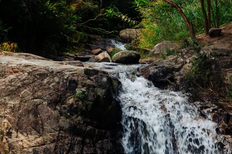 Tiered jungle waterfall over mossy rocks typical of Koh Samui's interior hiking trails
