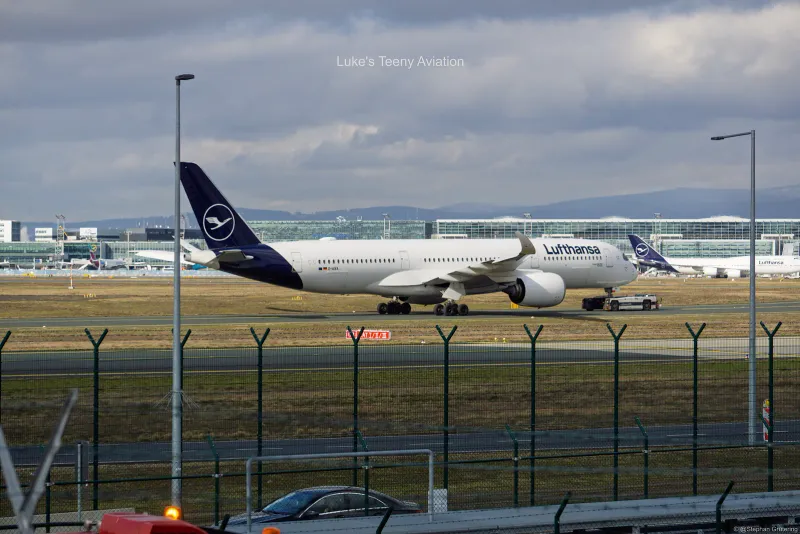 Lufthansa Airbus A350 on the apron at Frankfurt airport, the usual start of a Germany to Thailand trip