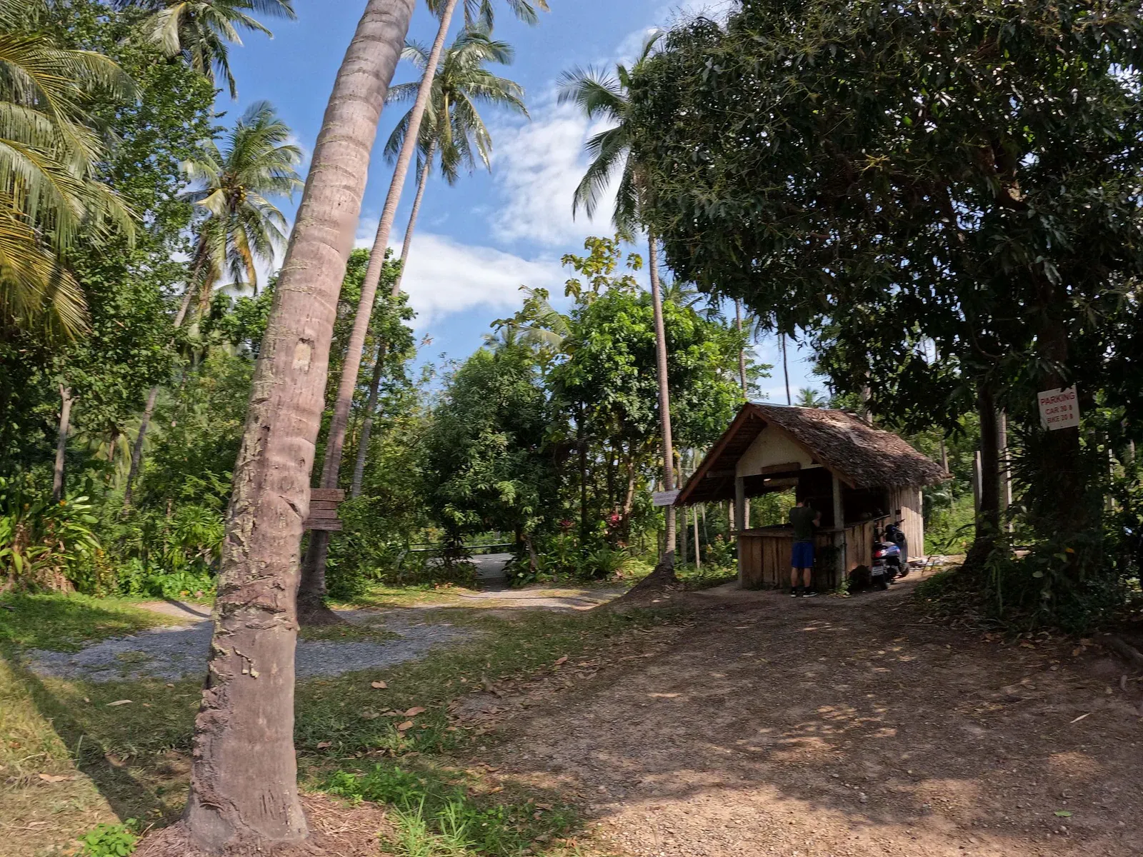 A thatched-roof parking hut with a hand-painted parking sign sits among tall palms at the Wang Sao Thong trailhead