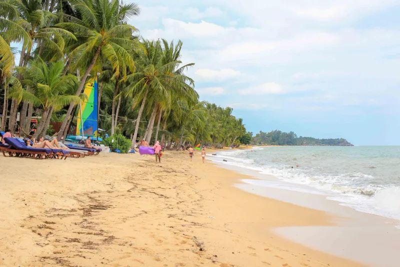 A busier stretch of beach further along Koh Samui's coast, palm-lined and sandy