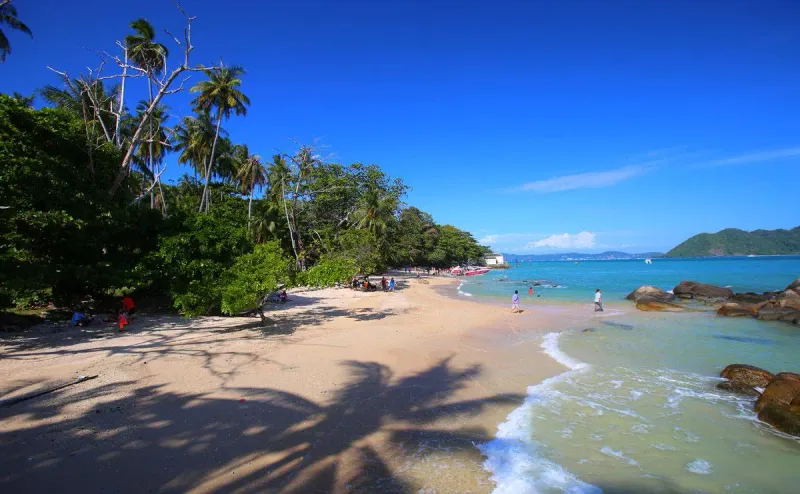 Shaded cove with fishing boats pulled up on the sand