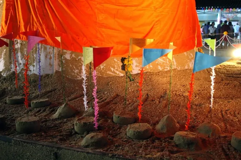 Songkran symbolic sand pagodas in temple, close-up. (2016, Wat Phu Khao Thong, Ban Maenam, Koh Samui)