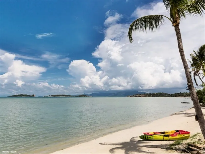 Kayaks resting under a palm on a quiet stretch of sand near Plai Laem
