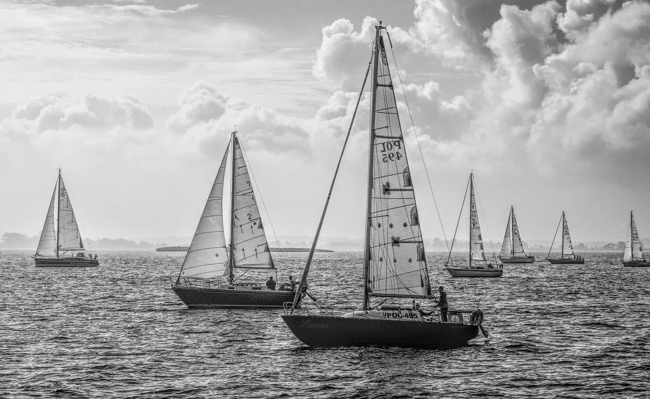 Black and white photo of sailboats on open water
