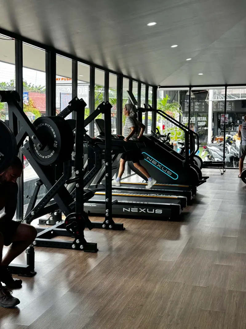 Curved treadmills and racks near the windows