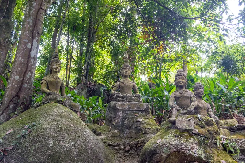 Stone deity statues beneath jungle canopy at Tarnim Magic Garden