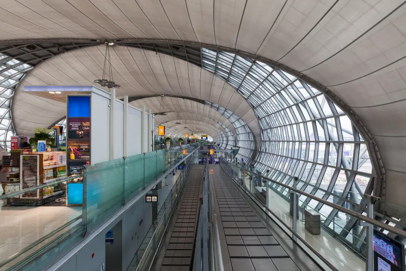 Terminal interior at Bangkok Suvarnabhumi Airport where UK flights arrive before the Samui connection