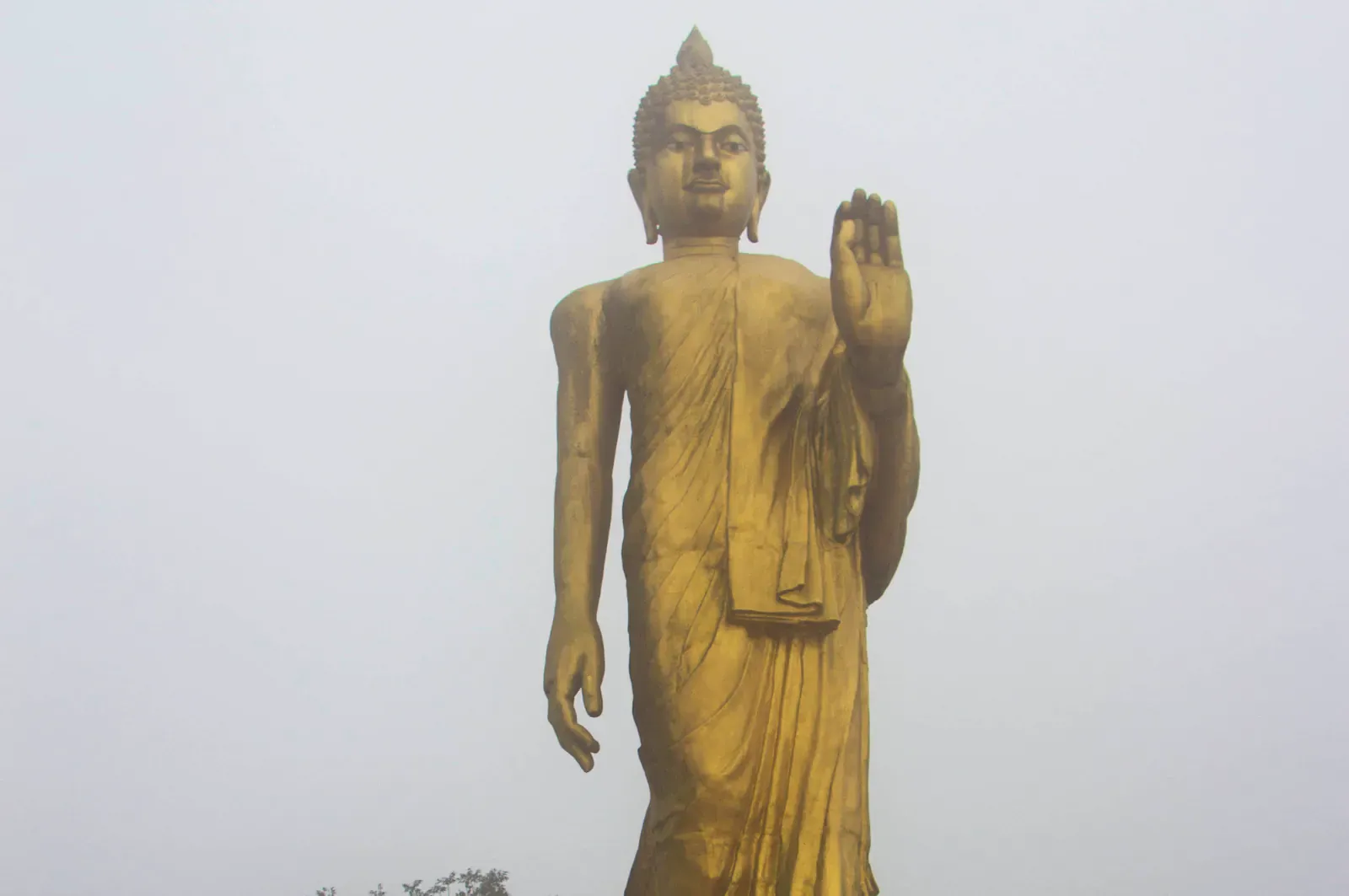 Golden standing Buddha statue rising above the misty summit